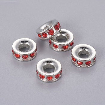 Alloy Rhinestone European Beads, Large Hole Beads, Rondelle, Platinum Metal Color, Light Siam, 11x4mm, Hole: 4.3mm