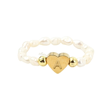 Natural Freshwater Pearl & 304 Stainless Steel Bead Finger Rings, Heart with Letter, Golden, Stretch Rings, Letter A, 18mm
