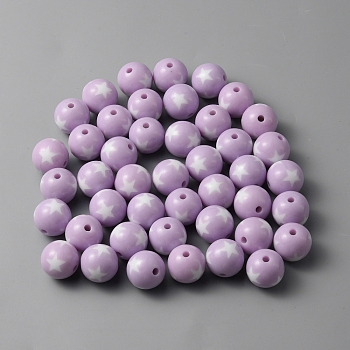 Opaque Acrylic Beads, Round with Star Pattern, Plum, 15.5x15mm, Hole: 3mm, 44pcs/bag