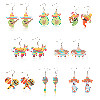 8 Pairs 8 Styles Cactus & Avocado & Horse Acrylic Dangle Earrings, Platinum Iron Cinco de Mayo Jewelry for Women, Mixed Color, 35~63mm, Pin: 0.8mm, 1 Pair/style