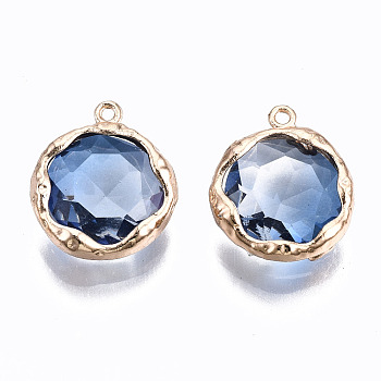 Two-Tone Faceted Glass Charms, with Brass Prong Settings, Flat Round, Light Gold, Marine Blue, 14x12x4.5mm, Hole: 1mm