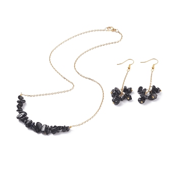 Natural Obsidian Chips Beaded Jewelry Set, Gemstone Pendant Necklace & Cluster Dangle Earrings with 304 Stainless Steel Cable Chains for Women, Golden, 60mm, Pin: 0.6mm, 19 inch(48.5cm)