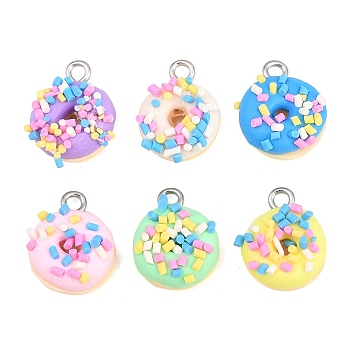 Opaque Resin Pendants, Donut with Sprinkles, with Platinum Iron Loop, Mixed Color, 15x13x6mm, Hole: 2mm