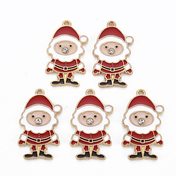 Rack Plating Alloy Enamel Pendants, with Crystal Rhinestone, Cadmium Free & Nickel Free & Lead Free, Father Christmas, Light Gold, Red, 31x17x2mm, Hole: 1.5mm