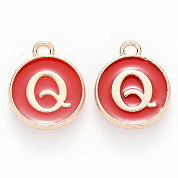 Golden Plated Alloy Enamel Charms, Cadmium Free & Lead Free, Enamelled Sequins, Flat Round, Red, Letter.Q, 14x12x2mm, Hole: 1.5mm