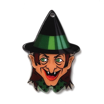 Halloween Acrylic Pendants, Witch, Green, 38x25.5x2mm, Hole: 1.8mm