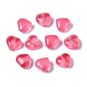 Transparent Spray Painted Glass Beads, Heart, Cerise, 7.5x8x4.5mm, Hole: 0.9mm