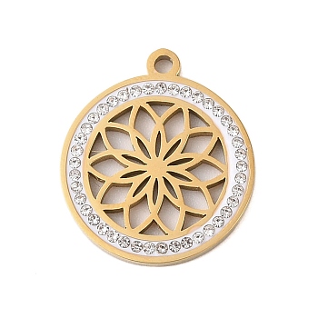 Preserved Fresh Flower 304 Stainless Steel Rhinestone Pendants, Flat Round, Real 18K Gold Plated, 25x21x2mm, Hole: 2mm