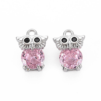 Brass Rhinestone Charms, with Cubic Zirconia, Nickel Free, Owl, Real Platinum Plated, 11x8x6mm, Hole: 1.2mm
