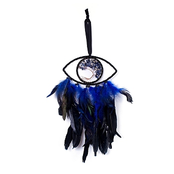 Handmade Eye & Tree of Life Woven Net/Web with Feather Wall Hanging Decoration, with Plastic Beads & Copper Wire & Sodalite Chip, for Home Offices Amulet Ornament, Midnight Blue, 520mm