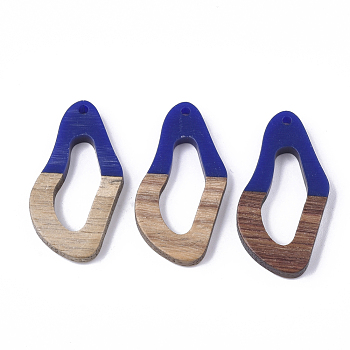 Resin & Walnut Wood Pendants, Twisted Oval, Blue, 38x19.5x4mm, Hole: 2mm