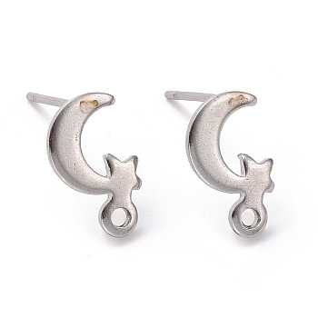 201 Stainless Steel Stud Earring Findings, with Horizontal Loop and 316 Stainless Steel Pin, Moon and Star, Stainless Steel Color, 11x7mm, Hole: 1.4mm, Pin: 0.7mm