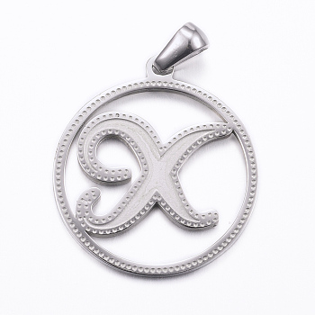 304 Stainless Steel Pendants, Flat Round with Letter, Stainless Steel Color, Letter.X, 28x25x1.2mm, Hole: 6x3.5mm