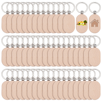 Beech Wood Keychains, with Iron Key Rings, Platinum , BurlyWood, 83mm