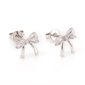 Brass Micro Pave Clear Cubic Zirconia Ear Studs, with Ear Nuts and 925 Sterling Silver Pins, Bowknot, Platinum, 9.5x9.5x3mm, Pin: 0.7mm