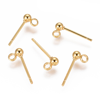 304 Stainless Steel Ear Stud Components, with Loop, Ball, Real 18K Gold Plated, 14x3mm, Hole: 1.6mm, Pin: 0.7mm