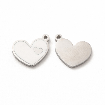 304 Stainless Steel Enamel Charms, Heart, White, 13x10x1mm, Hole: 1.2mm
