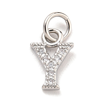 Initial Letter Brass with Cubic Zirconia Charms, Platinum, Long-Lasting Plated, Lead Free & Cadmium Free, Letter Y, 10.5x7x1.5mm, ring: 5x1mm, inner diameter: 3mm
