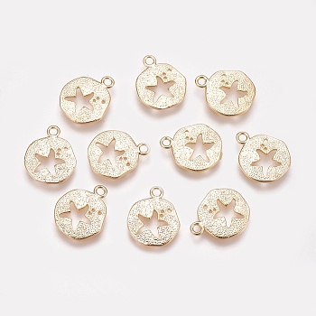 Brass Charms, Flat Round with Starfish, Real 18K Gold Plated, 13.5x11x1mm, Hole: 1mm