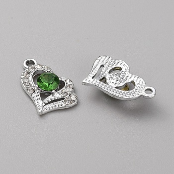 Alloy Rhinestone Pendants, Silver Color, Heart Charms, Erinite, 20.5x13x5mm, Hole: 2mm