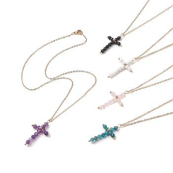 Natural Mixed Gemstone Beaded Cross Pendant Necklace, Golden 304 Stainless Steel Jewelry for Women, 17.72 inch(45cm)