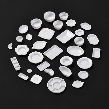 33Pcs DIY Plastic Miniature Tableware Plate Dishes Set, for Kitchen Children Toys, White, 10~35x10~28x2~10mm, 33pcs/set