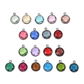 Glass Charms, with Gunmetal Plated Brass Findings, Long-Lasting Plated, Lead Free & Nickel Free & Cadmium Free, Faceted Flat Round, Mixed Color, 7x4x1.8mm, Hole: 0.8mm