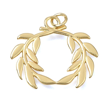 Brass Pendants, Leaf Wreath Charms, Cadmium Free & Lead Free, Rack Plating, Long-Lasting Plated, Real 18K Gold Plated, 33x23.5x1.5mm, Hole: 3mm