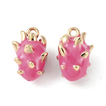 Brass Enamel Charms, Imitation Fruit, Light Gold, Pitaya Charm, Hot Pink, 13x8x9.5mm, Hole: 1.2mm