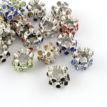 Column Antique Silver Plated Alloy Rhinestone European Beads, Large Hole Beads, Mixed Color, 10~11x7~8mm, Hole: 5mm