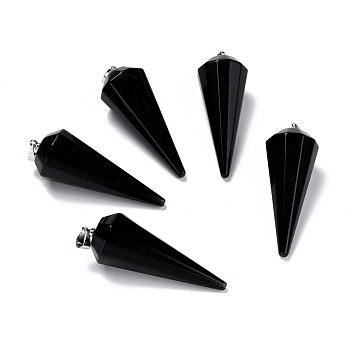 Natural Obsidian Pendants, with Brass Findings, Faceted, Cone/Spike/Pendulum, Platinum, 42~44x15~16mm, Hole: 3.6x4mm
