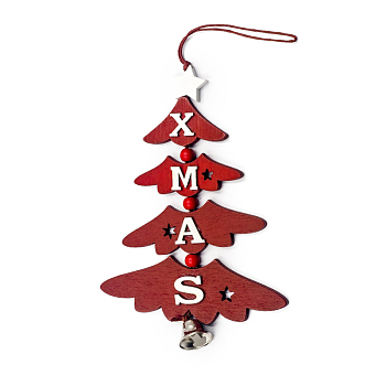 Christmas Tree with Word XMAS Creative Wooden Bell Door Hanging Decorations, for Christmas Decorations, FireBrick, 150x105mm