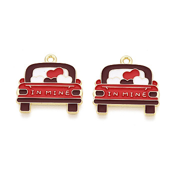 Valentine's Day Alloy Enamel Pendants, Car with Heart Charms, Golden, FireBrick, 22x22x1mm, Hole: 1.8mm