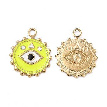 Vacuum Plating 201 Stainless Steel Enamel Pendants, Real 18K Gold Plated, Flat Round with Eye Charm, Yellow, 21.5x18x1.5mm, Hole: 2.6mm