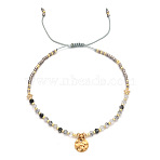 Natural Stone Braided Bead Bracelet, Adjustable Bracelet with Flat Round Charms,(FR2657-3)