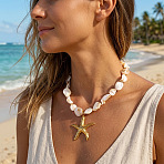 Ocean 304 Stainless Steel Pendant Natural Shell Nuggets Beaded Necklaces for Women, Real 18K Gold Plated, Seashell Color, Starfish, 16.54 inch(42cm), pendant: 50x55mm(WG8D776-02)