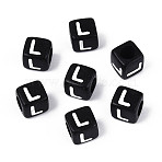 Initial Acrylic Horizontal Hole Beads, Cube, Black, Letter L, 6x6x6mm, Hole: 3.5mm, 333pcs/50g(X-OACR-ZX006-35L)