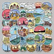 Travel Theme Round Dot PVC Scenery Sticker Rolls, Waterproof Tourist Attractions Decals for Suitcase, Skateboard, Refrigerator, Helmet, Mobile Phone Shell, Building Pattern, 55~85mm, 50pcs/bag(STIC-PW0011-04)
