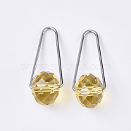 Faceted Glass Pendants, with 304 Stainless Steel Triangle Rings, Stainless Steel Color, Yellow, 36x13mm, Triangle ring: 1mm thick, Bead: 14x10.5mm(STAS-S079-134E)
