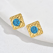 304 Stainless Steel Rhombus Stud Earrings, with Synthetic Turquoise, Real 18K Gold Plated, 18x18mm(VU3141-2)