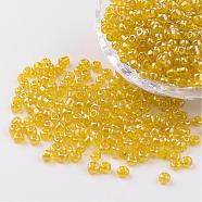Round Glass Seed Beads, Trans. Colours Lustered, Yellow, Size: about 4mm in diameter, hole: 1.5mm, about 496pcs/50g(X-SEED-A006-4mm-110)