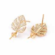 Brass Micro Pave Clear Cubic Zirconia Stud Earrings Findings, for Half Drilled Bead, Nickel Free, Leaf, Real 18K Gold Plated, 20.5x11mm, Pin: 0.8mm, Pin: 0.8mm(for Half Drilled Bead)(KK-T062-133G-NF)