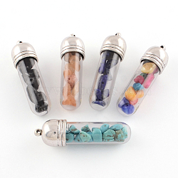 Wishing Glass Bottle Pendants, with Chip Gemstones Beads inside and Antique Silver Tone Alloy Findings, Mixed Stone, 48x13mm, Hole: 1.5mm(G-R292-M)