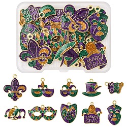 20Pcs 10 Styles Carnival/Mardi Gras Theme Alloy Enamel & Glitter Powder Pendants, Carnival Theme, Lead Free & Cadmium Free, Golden, Mixed Shapes, 15~28x13~30x1.5~3mm, Hole: 1.5~2mm, 2pcs/style(ENAM-FS0002-55)