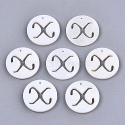 Natural Freshwater Shell Charms, Flat Round with Hollow Out Letter, Letter.X, 14.5x1.5mm, Hole: 0.9mm(SHEL-S276-119X)