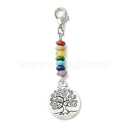Alloy Tree of Life Pendant Decorations, with Chakra Gemstone Bead and Zinc Alloy Lobster Claw Clasps, Flat Round, 56mm(HJEW-JM01383-01)