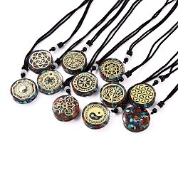 Orgonite Chakra Necklaces, Pendant Necklaces, with Natural Gemstone Chip, Nylon Thread, Brass Findings, Flat Round, 25.9 inch(66cm)x0.2cm(NJEW-P253-B)