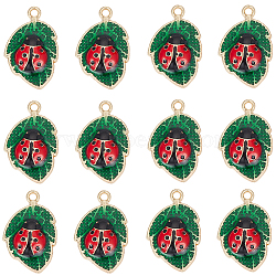 30Pcs Alloy Enamel Pendants, Cadmium Free & Nickel Free & Lead Free, Golden, Leaf with Ladybug Charm, Green, 23x15x3.5mm, Hole: 1.6mm(ENAM-SC0007-76)