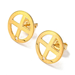 201 Stainless Steel Stud Earring Findings, with 304 Stainless Steel Pin & Hole & Friction Ear Nuts, Flat Round with Cross, Real 24K Gold Plated, 13mm, Hole: 1.2mm, Pin: 0.8mm(STAS-D045-20G)