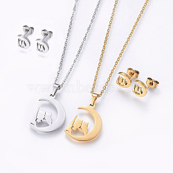 304 Stainless Steel Jewelry Sets, Stud Earrings and Pendant Necklaces, Moon with Owl, Mixed Color, Necklace: 17.7 inch(45cm), Stud Earrings: 9x7.5x1.2mm, Pin: 0.8mm(SJEW-O090-24)
